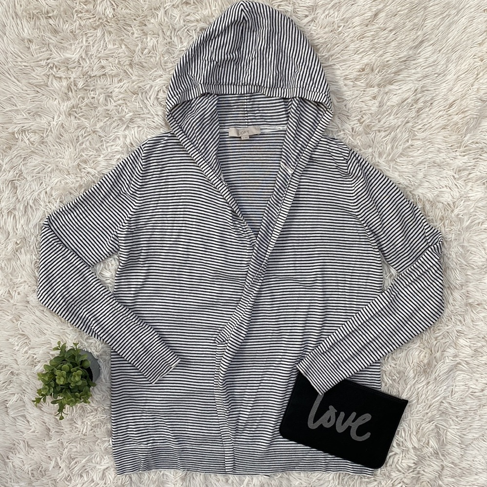 Loft Open Hooded Striped Cardigan 💗 White & Black - Picture 4 of 16